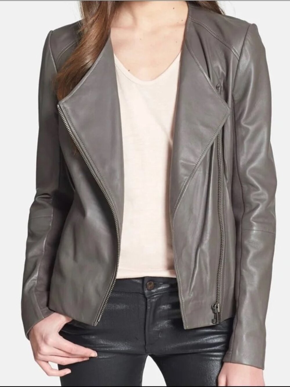 Trouvé Gray Collarless Zip Up Moto Soft Leather Jacket Size L